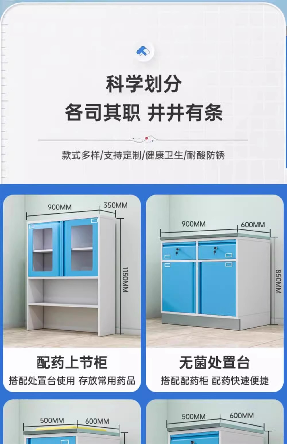 医院诊所钢制治疗柜组合 处置室操作台 诊疗室药品储物柜(图7)
